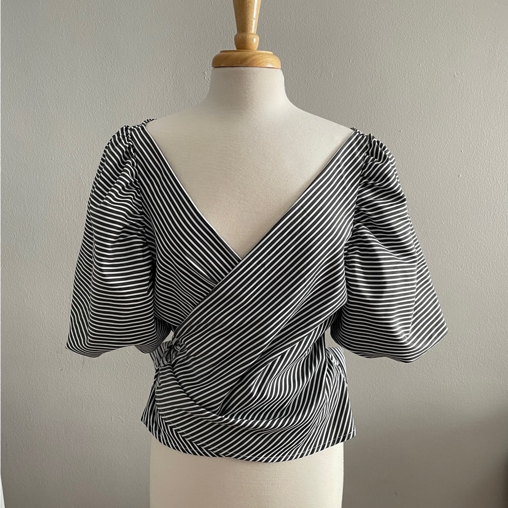 Fashion Nova XL Charcoal & White Striped Wrap Blouse With Puff Sleeves